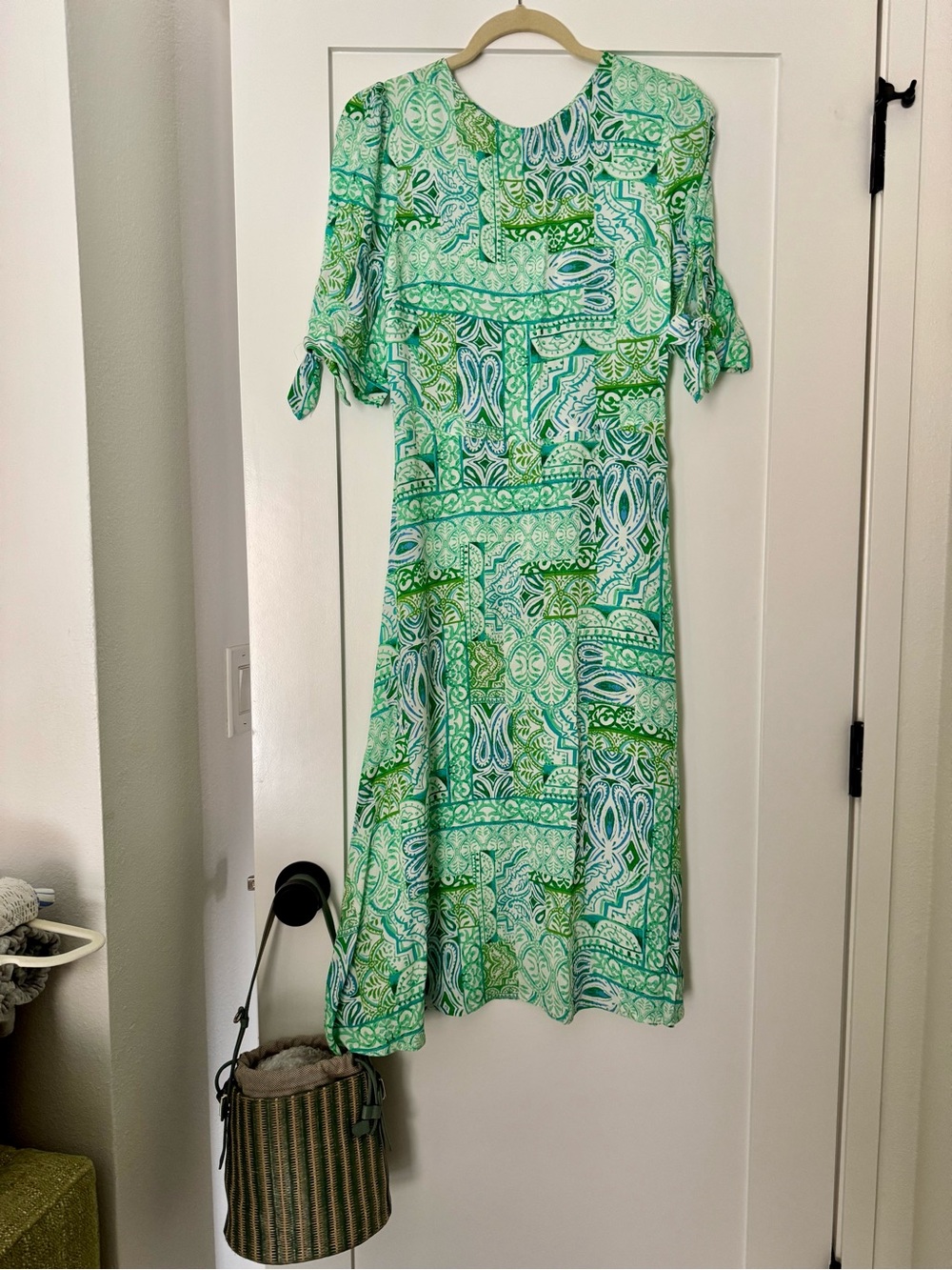 Olivaceous Green Moroccan Patterned Midi Dress Size S